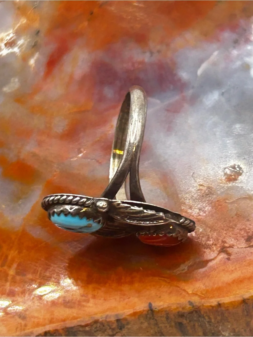 Southwest Sterling Silver Turquoise and Coral Ring - Size 8